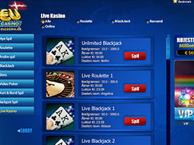 EUcasino har tre forskellige live-kategorier med flere forskellige spiltyper