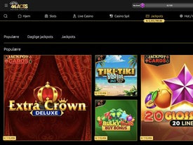 Populære jackpotspil hos 44Aces, herunder Extra Crown Deluxe, Tiki-Tiki Boo Boo, 20 Glossy Hot og Divine Fortune