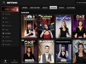 Oversigt over live blackjackspil hos Betoro, herunder Playboy Blackjack, Blackjack Berlin og Blackjack London med rigtige dealers
