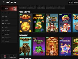 Jackpot-sektion hos Betoro med varme jackpots, nye jackpots og daglige jackpots, herunder Fire Hot 100 og 20 Pirate Bombs