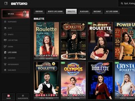 Udvalg af live roulettespil hos Betoro, herunder Playboy Roulette, Crystal Roulette og Gates of Olympus Roulette med rigtige dealers