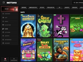Oversigt over spillemaskiner hos Betoro, herunder Gold Blitz Express, Great Ghosts og Fisherman's Luck