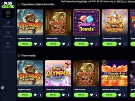 PlayKasinos forside med populære spillemaskiner som Big Bass Splash, Book of Dead og Joker's Jewels samt fremhævede spil
