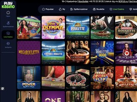 Udvalg af live casino-spil hos PlayKasino, herunder Live Roulette, Blackjack og Monopoly Roulette med rigtige dealers