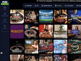 Oversigt over roulettespil hos PlayKasino, herunder Football Roulette, Lightning Roulette og Crystal Roulette